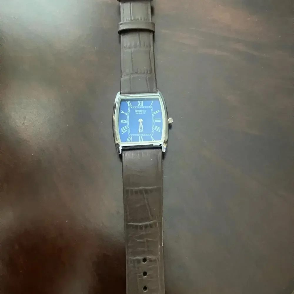 Seiko Blue 33mm Slim Tonneau Barrel Tank Dial with Brown Leather‎ Strap Watch